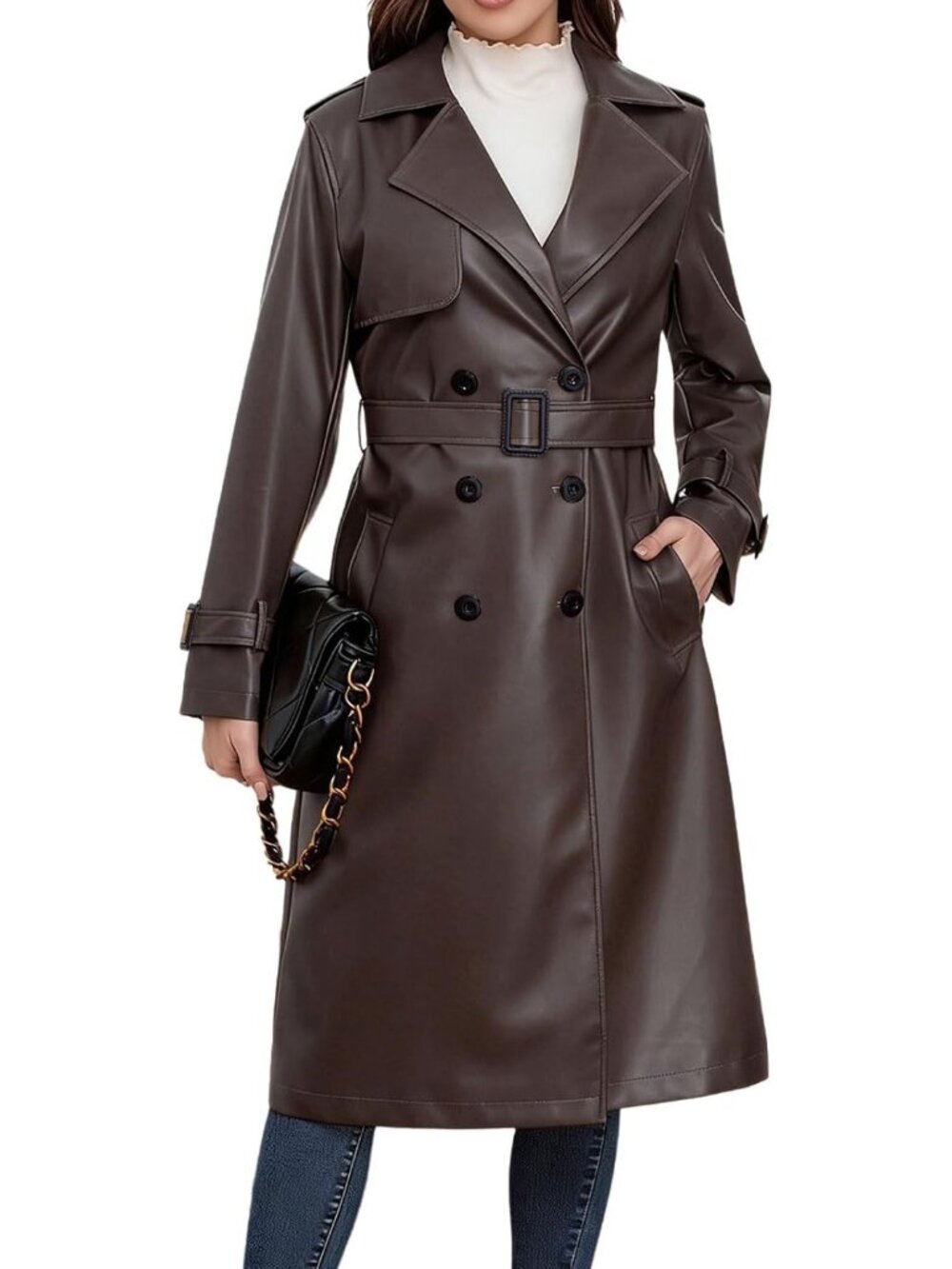Women's Brown Long Sleeve Faxu Leather Trench Coat Double Breasted Belted Jacket